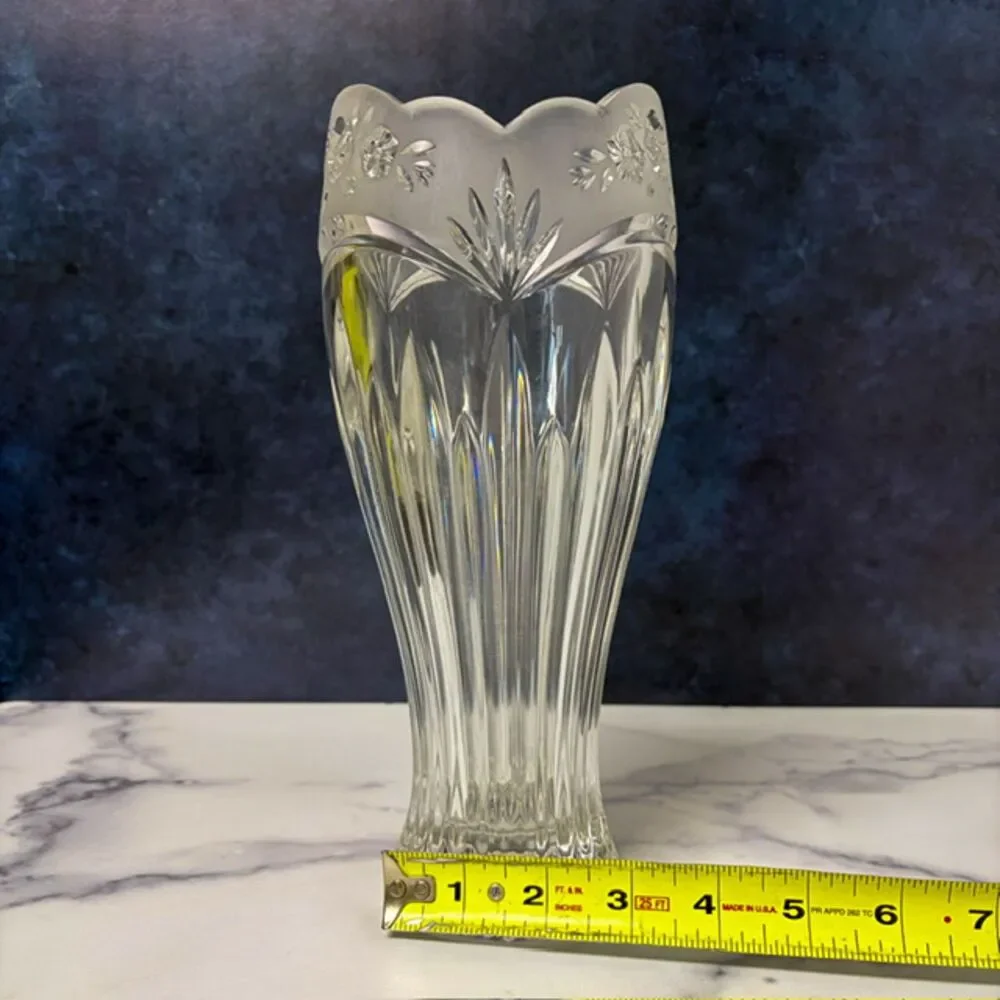 Heavy Clear Glass Vase Frosted Roses Scalloped Rim 10 in 4.3 lb